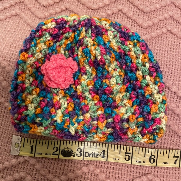 5 for $20-Infant multi-colored crocheted hat with rose embellishment. Like new. - Picture 3 of 3